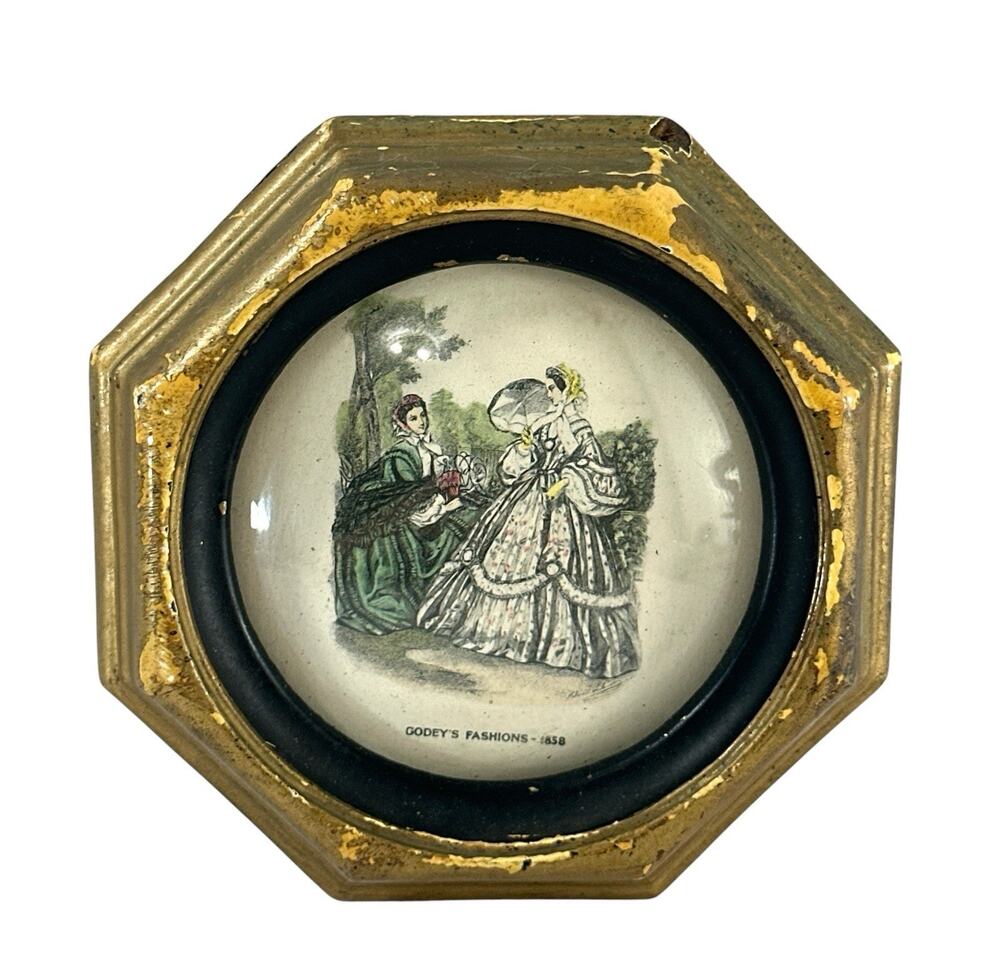Vintage Godey’s Fashions 1858 Victorian Ladies Print Convex Glass Frame 5.5”